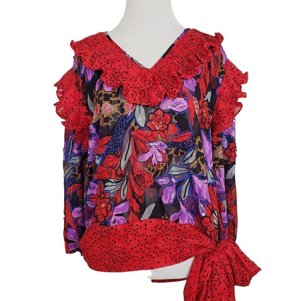 Vintage Diane Freis Georgette Blouse Floral Ruffle Beaded Womens Size Medium
